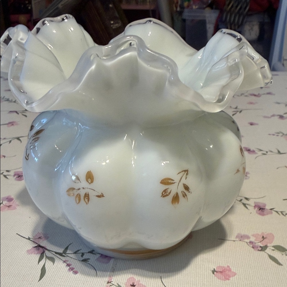 White Ruffled Glass Vase with Gold Leaf Motif